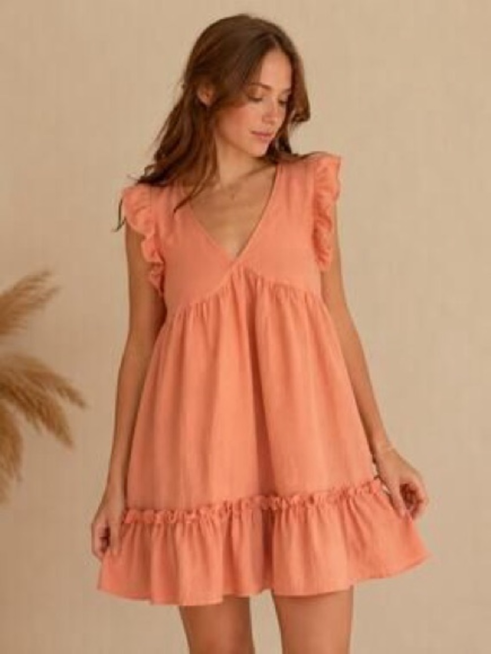Altar’d State Peach Ruffle V-Neck Tiered Mini Dress